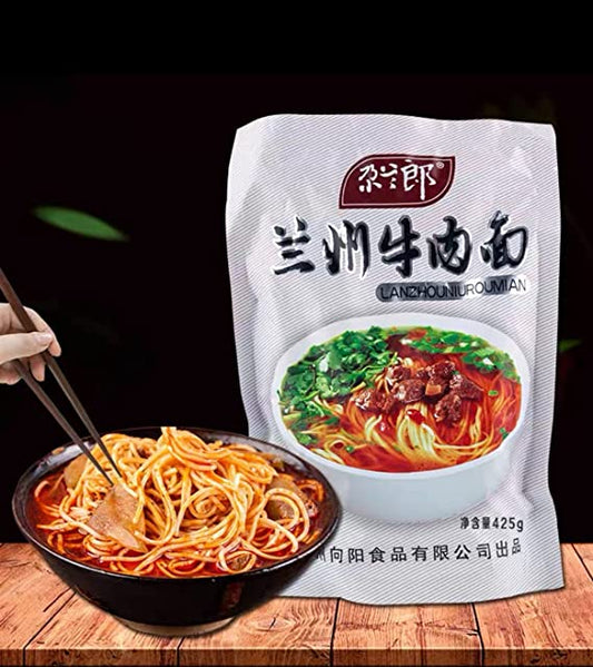 Galanlang Lanzhou Beef Ramen Noodles with Soup Bag, Chili Oil Bag, Daikon Bag, Dried Vegetable Bag, 425g, 2 Servings 尕兰郎 兰州牛肉面