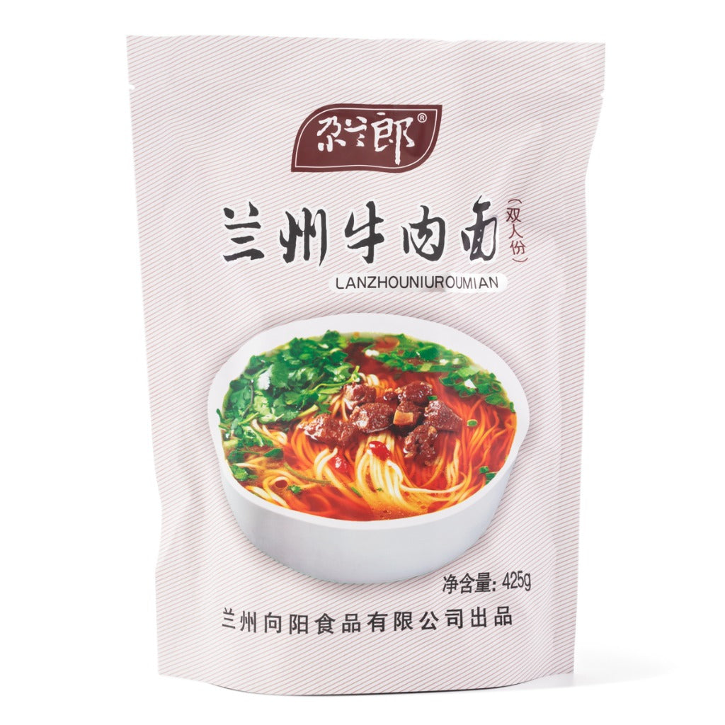 Galanlang Lanzhou Beef Ramen Noodles with Soup Bag, Chili Oil Bag, Daikon Bag, Dried Vegetable Bag, 425g, 2 Servings 尕兰郎 兰州牛肉面